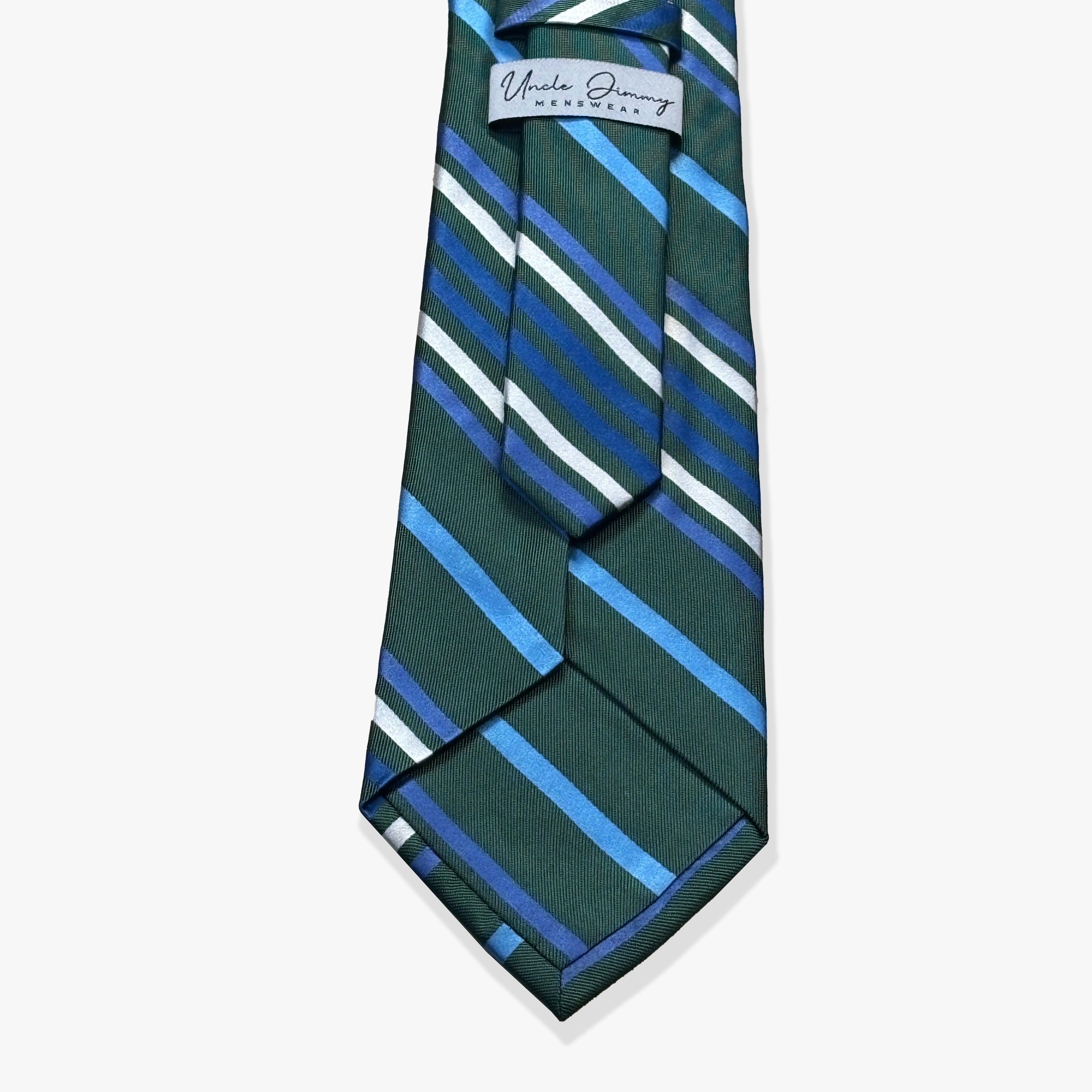 Five Stripe Rep Woven Silk Necktie - Green Heather/Ocean/Denim/White - Uncle Jimmy Menswear