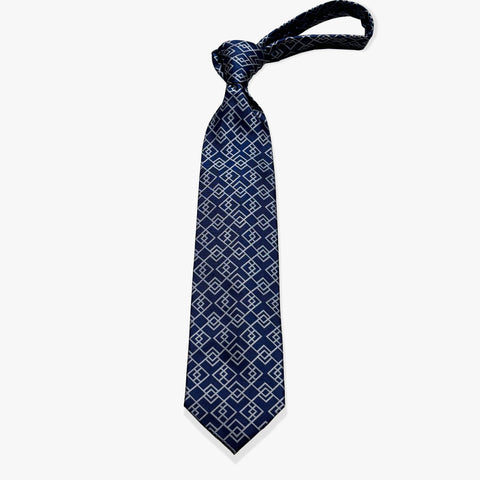 Connected Diamond Woven Silk Necktie - Navy Blue/Silver - Uncle Jimmy Menswear