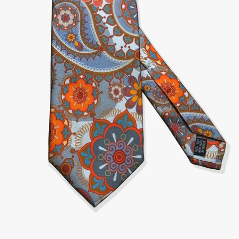 Paisley Printed Silk Necktie - Gray/Tangerine/Gold - Uncle Jimmy Menswear
