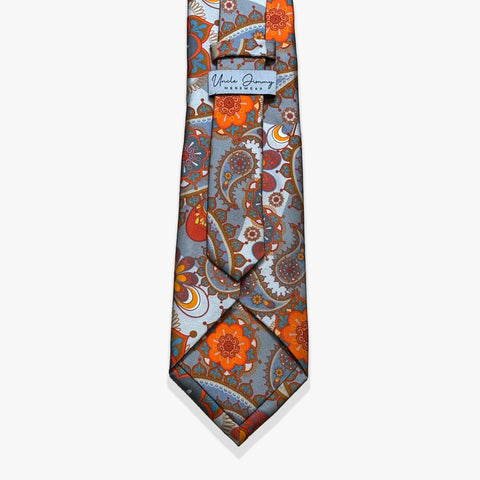 Paisley Printed Silk Necktie - Gray/Tangerine/Gold - Uncle Jimmy Menswear