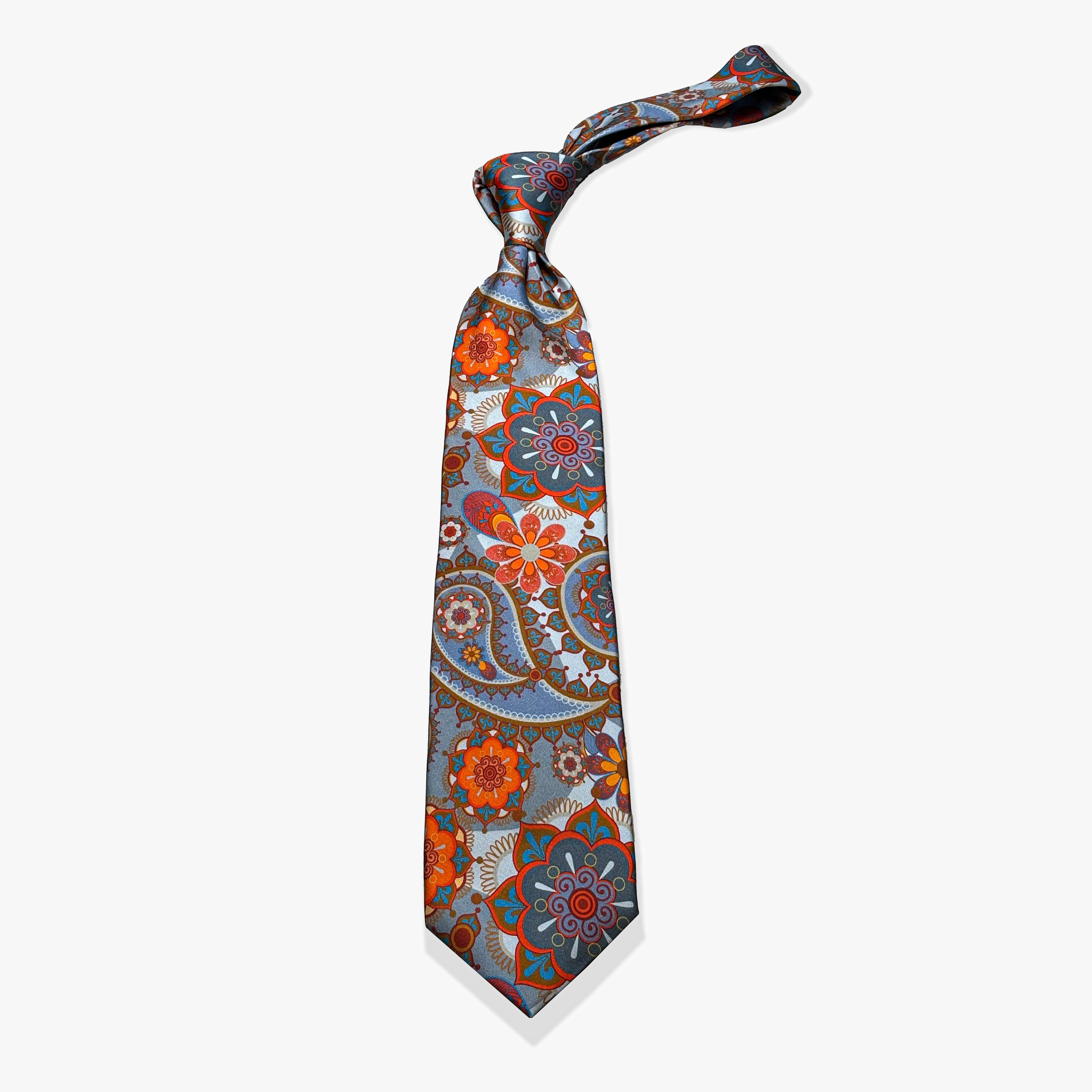 Paisley Printed Silk Necktie - Gray/Tangerine/Gold - Uncle Jimmy Menswear