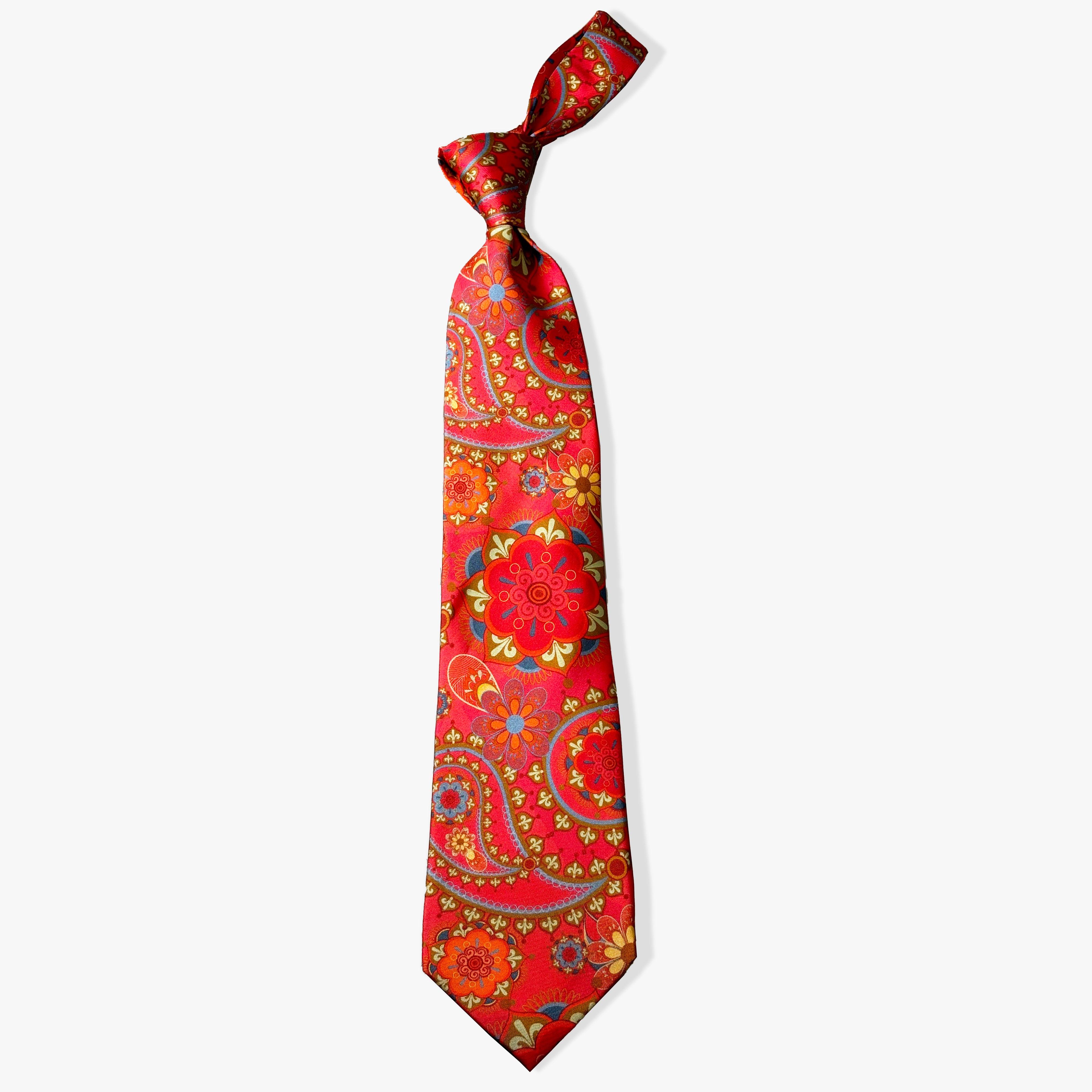 Paisley Printed Silk Necktie - Red/Gray/Yellow - Uncle Jimmy Menswear