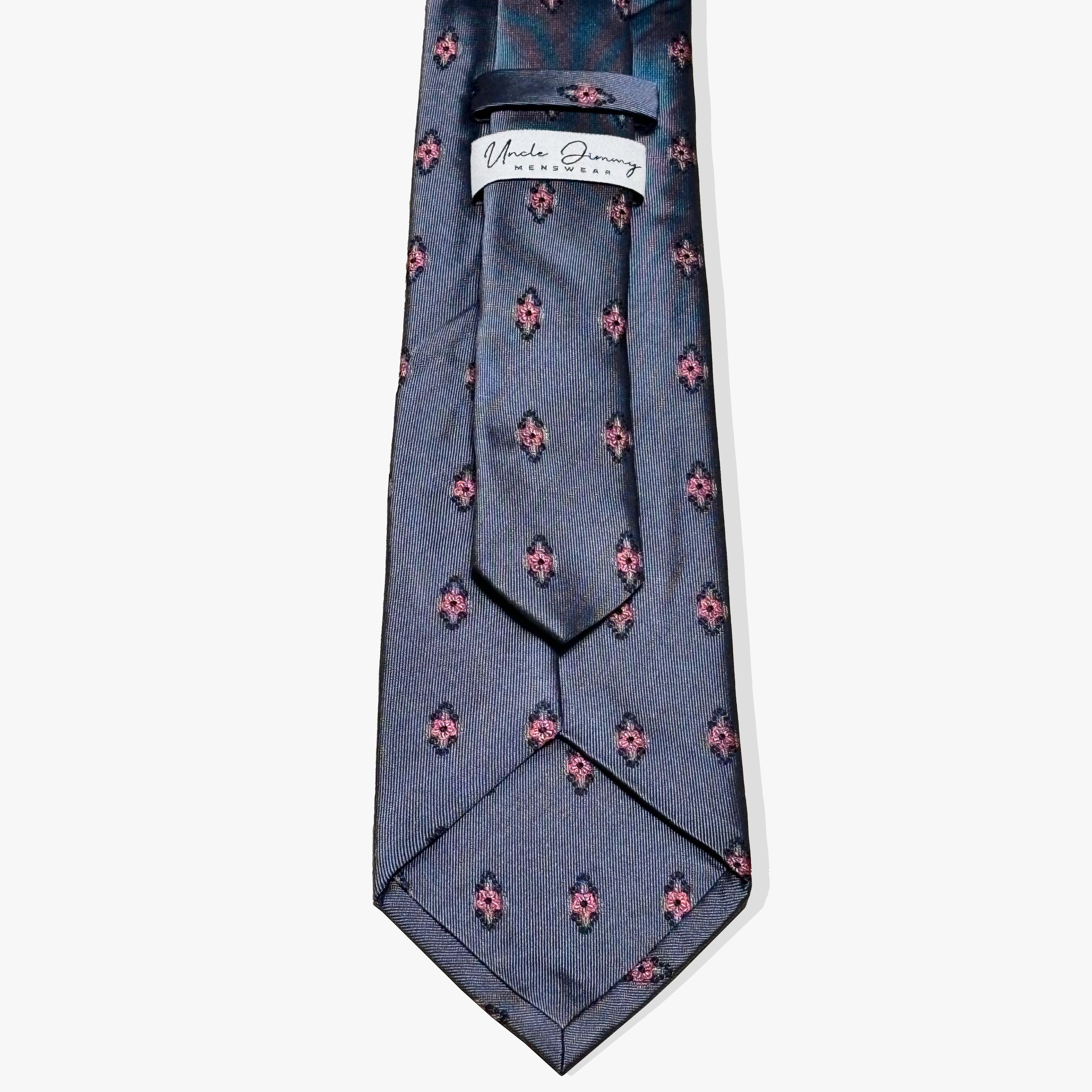 Shield Motif Woven Silk Necktie - Denim - Uncle Jimmy Menswear